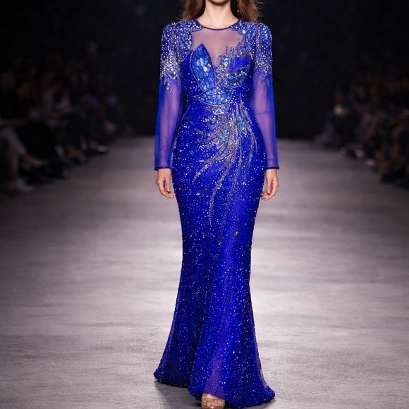 cassini dress in blue Oleg Cassini Women's Illusion Beaded Knot Waist Long Dress, Navy Blue, Large